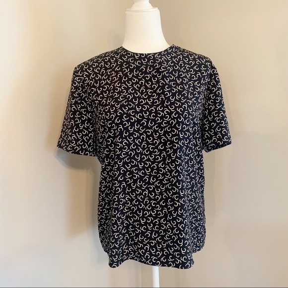 Vintage Kasper Black Cream Geometric Women’s 10 Large Short Sleeve Blouse Top - Picture 2 of 9